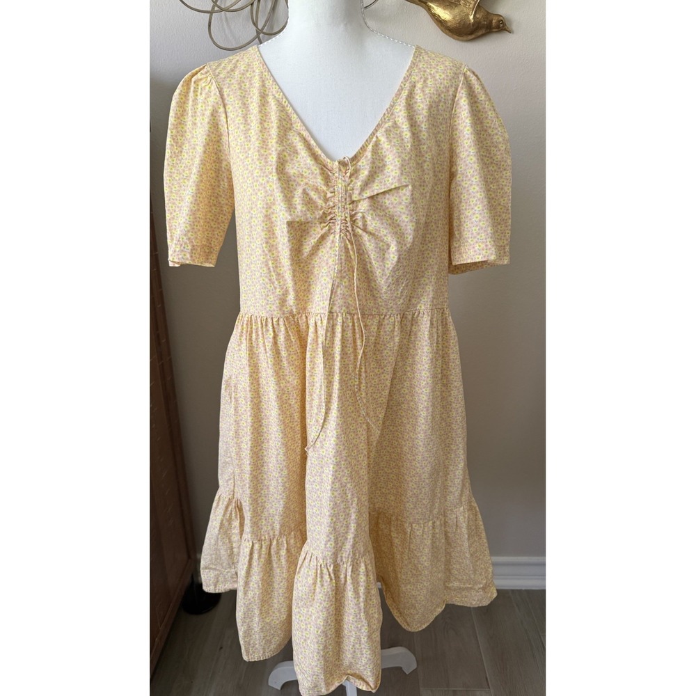 Levi's Floral Tiered Mini Dress Womens Medium Yellow Puff Sleeve Cottagecore